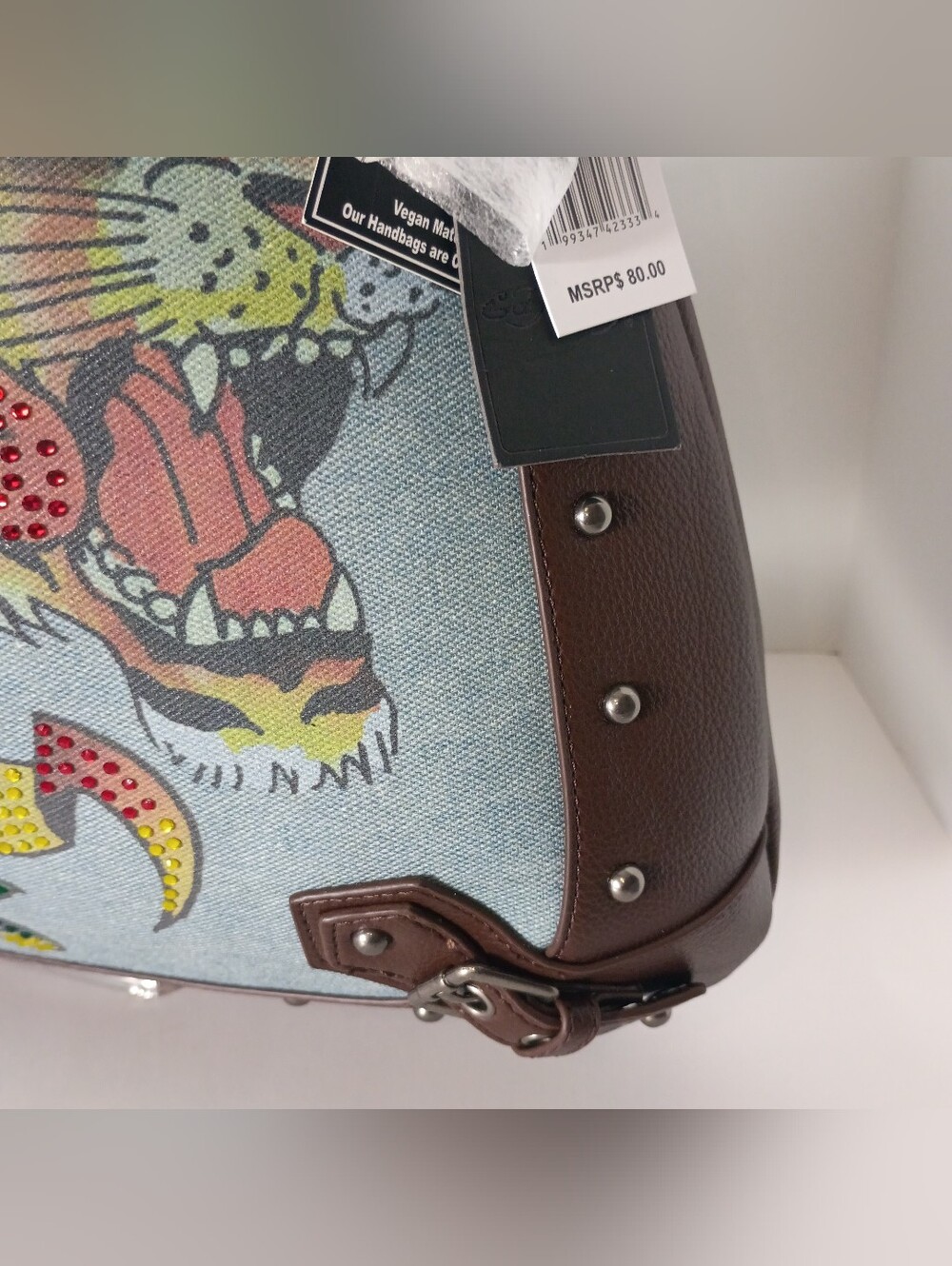 Ed Hardy Embellished Denim/Brown Vegan Leather Shoulder Hobo Bag w/Rhinestone - Picture 3 of 11